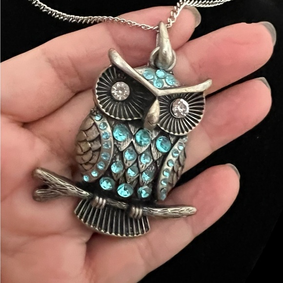 Silver and Blue Owl Pendant Necklace - Picture 1 of 5